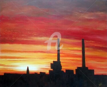 Painting titled "LH Burning Sky" by Marc Lallemand (Markkus), Original Artwork, Oil