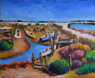 Peinture intitulée "petit port à sec su…" par Marc Lejeune, Œuvre d'art originale, Huile