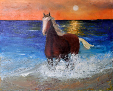 Peinture intitulée "galop sur la plage" par Marc Lejeune, Œuvre d'art originale, Huile