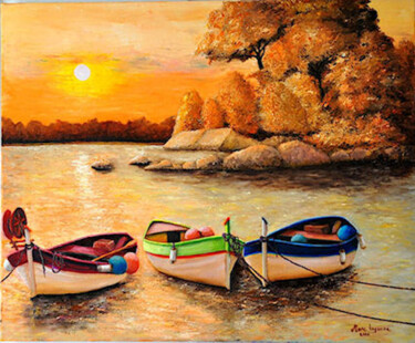 Peinture intitulée "coucher de soleil s…" par Marc Lejeune, Œuvre d'art originale, Huile