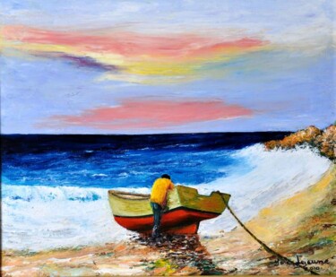 Peinture intitulée "départ de pêche" par Marc Lejeune, Œuvre d'art originale, Huile