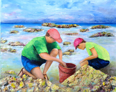 Painting titled "pêcheurs à pied" by Marc Lejeune, Original Artwork, Oil