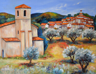 Painting titled "village perché" by Marc Lejeune, Original Artwork, Oil