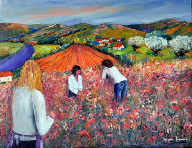 Pintura intitulada "cueillette des roses" por Marc Lejeune, Obras de arte originais, Óleo
