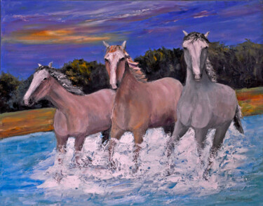 Peinture intitulée "chevaux-en-camargue" par Marc Lejeune, Œuvre d'art originale, Huile
