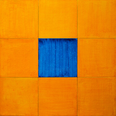 Malerei mit dem Titel "9 Tiles Orange Blue" von Marc René Geiser (slvrlane), Original-Kunstwerk, Pigmente Auf Holzplatte mon…