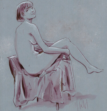 Drawing titled "Femme assise" by Marc Rouchairoles, Original Artwork, Ink