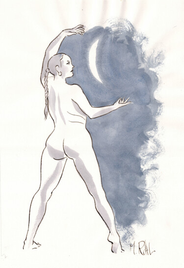 Drawing titled "Femme lune" by Marc Rouchairoles, Original Artwork, Ink