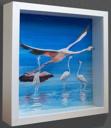 Painting titled "Flamants roses" by Marc Rouchairoles, Original Artwork, Acrylic Mounted on Wood Stretcher frame