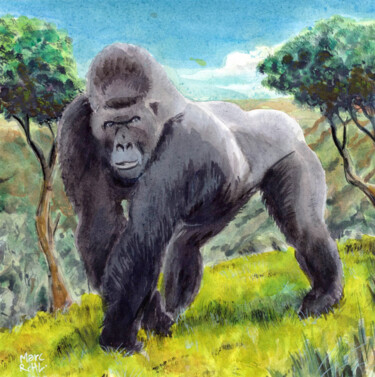 Pittura intitolato "Gorille devant 2 ar…" da Marc Rouchairoles, Opera d'arte originale, Acquarello