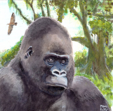 Painting titled "Gorille et oiseaux" by Marc Rouchairoles, Original Artwork, Watercolor