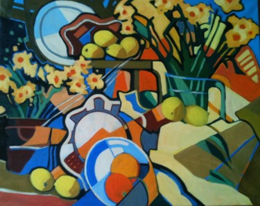 Painting titled "Citrons et jonquill…" by Marc Thiessard, Original Artwork, Oil