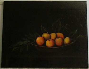 Painting titled "pommes" by Marc Vincent, Original Artwork, Oil Mounted on Wood Stretcher frame