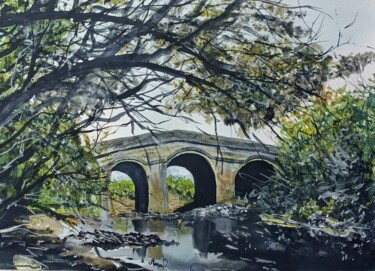 Painting titled "Ponte  de pedra no…" by Marçal Francisco Bacchin Fernandes, Original Artwork, Watercolor