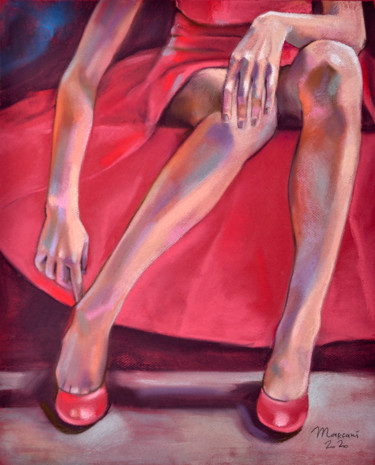 Drawing titled "Red dress" by Marcani, Original Artwork, Pastel