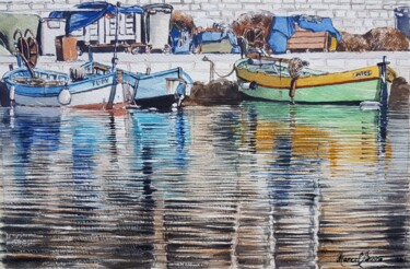 Schilderij getiteld "Barques au Port du…" door Marcel Boos, Origineel Kunstwerk, Aquarel