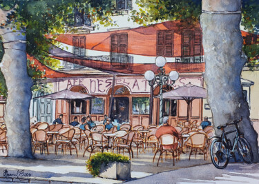Pintura intitulada "Ile Rousse Le Café…" por Marcel Boos, Obras de arte originais, Aquarela