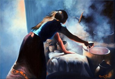 Malerei mit dem Titel "Femme en cuisine d'…" von Marcel Boos, Original-Kunstwerk, Öl