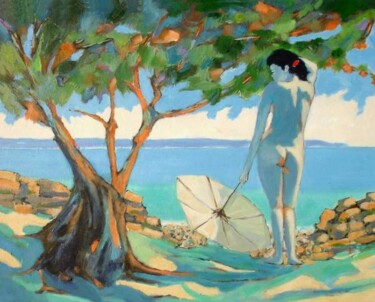 Malerei mit dem Titel "NU Ã L'OMBRELLE" von Marcel Clerc, Original-Kunstwerk, Acryl