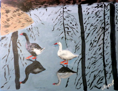 Peinture intitulée "Oies sur étang gelé" par Marcel De Nazelle, Œuvre d'art originale, Acrylique