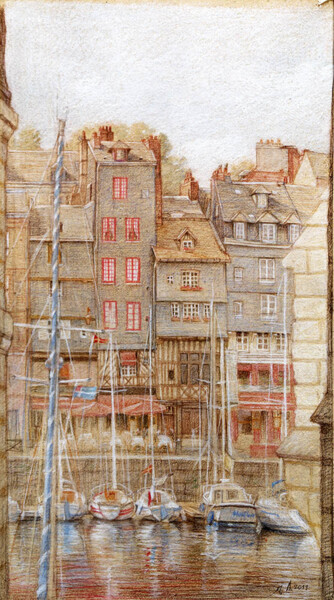 Rysunek zatytułowany „Port de Honfleur, l…” autorstwa Marcel Duruflé, Oryginalna praca, Conté