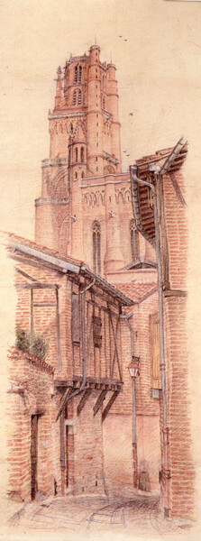 Disegno intitolato "La Cathédrale d'Alb…" da Marcel Duruflé, Opera d'arte originale, Matite colorate Montato su Cartone