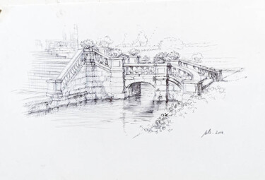 Рисунок под названием "Le petit pont du ch…" - Marcel Duruflé, Подлинное произведение искусства, Шариковая ручка