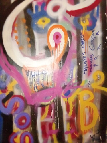 Schilderij getiteld "S2B2" door Marcel Lourel, Origineel Kunstwerk, Graffiti Gemonteerd op Frame voor houten brancard