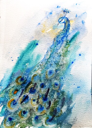 Картина под названием "Paon bleu" - Marcela Denghel, Подлинное произведение искусства, Акварель