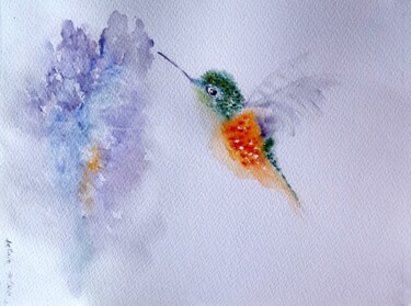 Painting titled "Colibri 1" by Marcela Denghel, Original Artwork, Watercolor