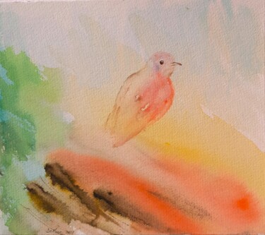 Pittura intitolato "Oiseau rose" da Marcela Denghel, Opera d'arte originale, Acquarello
