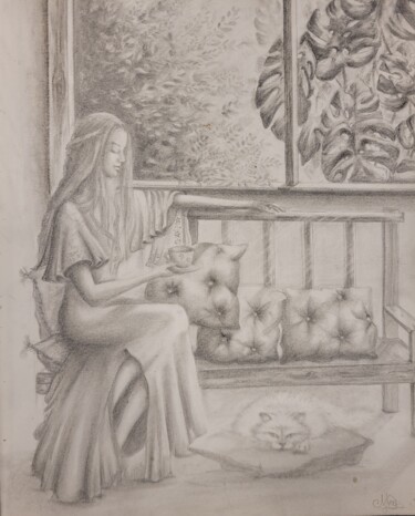Disegno intitolato "La chica y el gato" da Marcela Leon, Opera d'arte originale, Carbone Montato su Pannello di legno