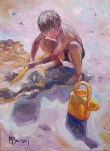 Malerei mit dem Titel "Enfant a la plage" von Marcela Bausson, Original-Kunstwerk, Öl