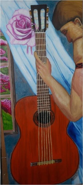 Painting titled "o-indio-e-o-violao.…" by Marcela Oliveira De Farias, Original Artwork, Oil