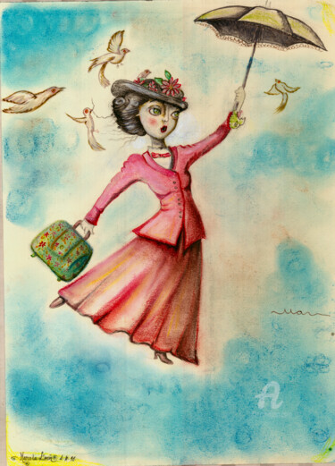 Rysunek zatytułowany „MISS POPPINS” autorstwa Marcela Leon, Oryginalna praca, Pastel