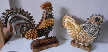 Sculpture intitulée "Coq et poule" par Marcelhenri De Sa, Œuvre d'art originale, Bois