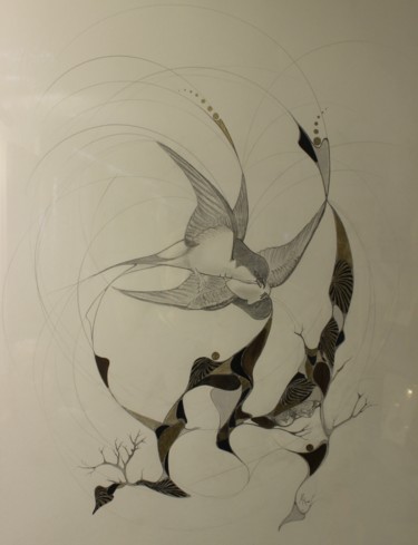 Dessin intitulée "deux oiseaux s'aima…" par Marceline Robert, Œuvre d'art originale, Graphite