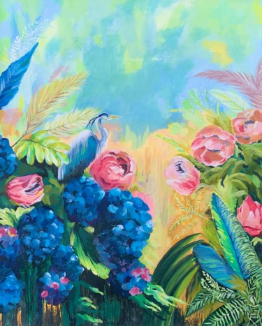 Painting titled "Blue Hydrangea With…" by Marcella Marais, Original Artwork, Oil