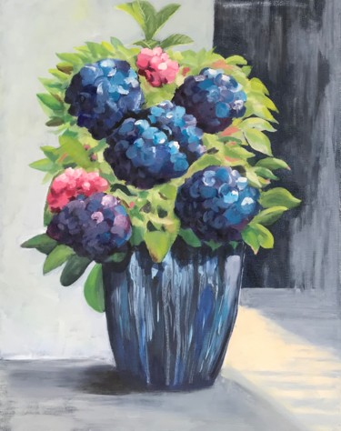 Painting titled "Hydrangea in blue p…" by Marcella Marais, Original Artwork, Oil