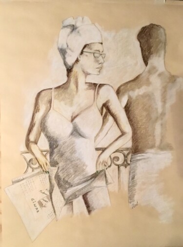 Tekening getiteld "Al balcone" door Marcello Monari, Origineel Kunstwerk, Krijt