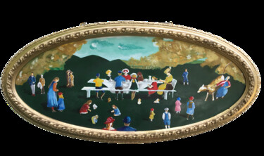 Schilderij getiteld "Lunch outdoors" door Marcello Monari, Origineel Kunstwerk, pigmenten Gemonteerd op Andere stijve panelen