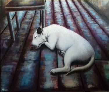 Painting titled "Bull Terrier" by Marcelo Mendes, Original Artwork, Acrylic Mounted on Wood Panel