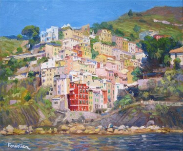 Painting titled "Riomaggiore, Italy" by Marc Forestier, Original Artwork, Oil Mounted on Wood Stretcher frame