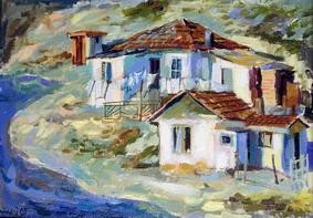 Painting titled "Houses by the Sea" by Marchell Yameliev, Original Artwork