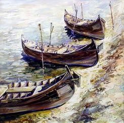 Painting titled "Tree boats by Danube" by Marchell Yameliev, Original Artwork