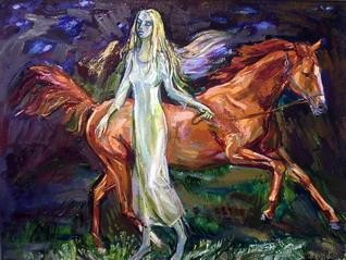 Painting titled "Yung girl with horse" by Marchell Yameliev, Original Artwork