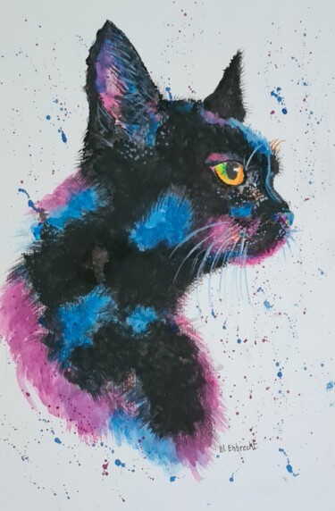 Картина под названием "Schwarze Katze" - Marcia Ehbrecht, Подлинное произведение искусства, Акварель