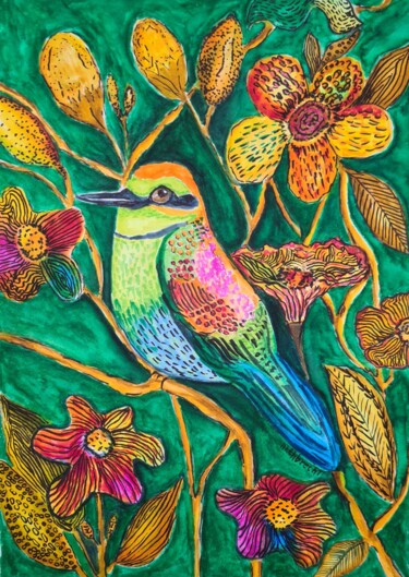 Malerei mit dem Titel "Vogel im Wald" von Marcia Ehbrecht, Original-Kunstwerk, Acryl
