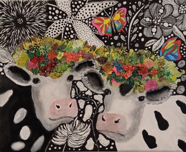 Schilderij getiteld "Kühe in Frühling" door Marcia Ehbrecht, Origineel Kunstwerk, Acryl