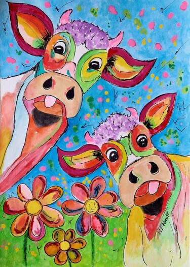 Peinture intitulée "Glückliche Kühe" par Marcia Ehbrecht, Œuvre d'art originale, Aquarelle